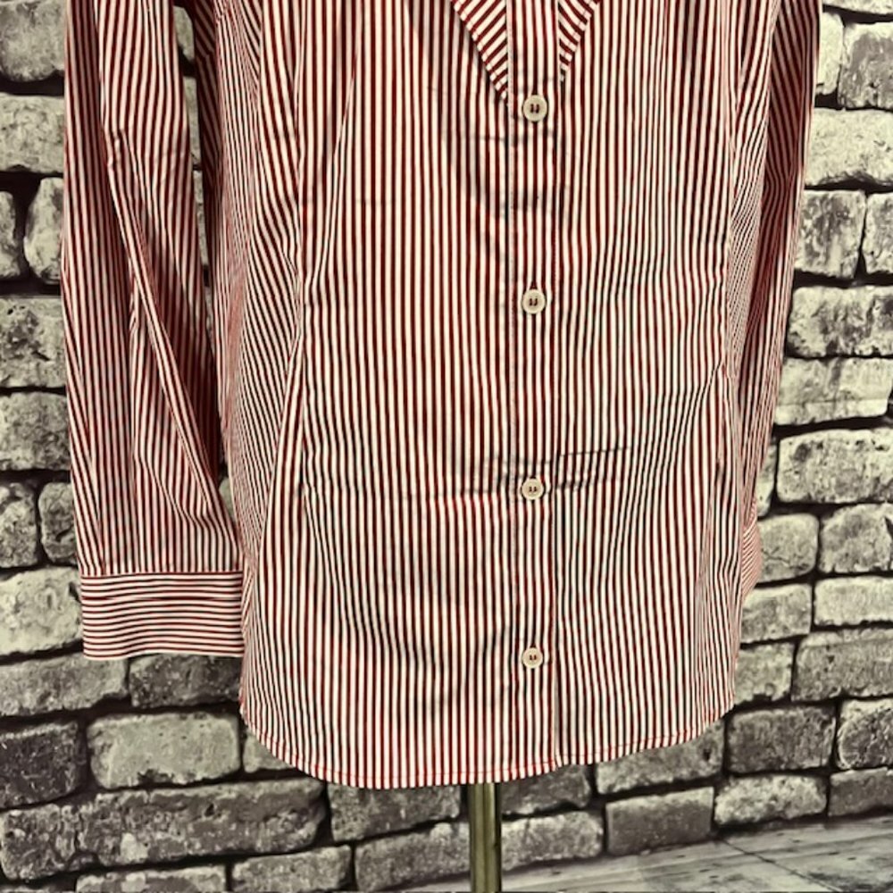 Isaac Mizrahi Live Red & White Striped Blouse W/ Ruffle Size 14 - Picture 3 of 10